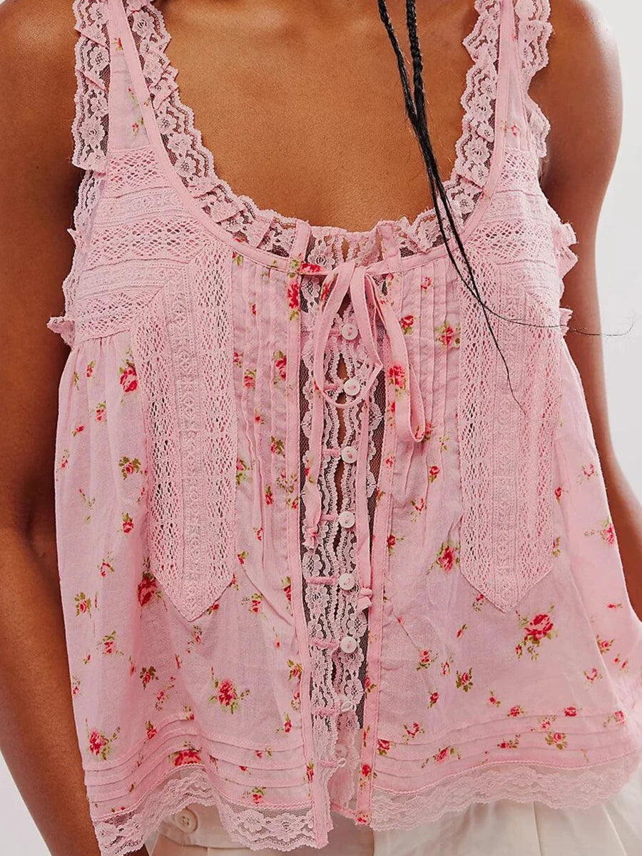 Aiertu  -  White Lace Trim Tank Top Women U Collar Single Breasted Drawstring Vest Summer Casual Fashion Hollow Out Camisole 2025 New Aiertu