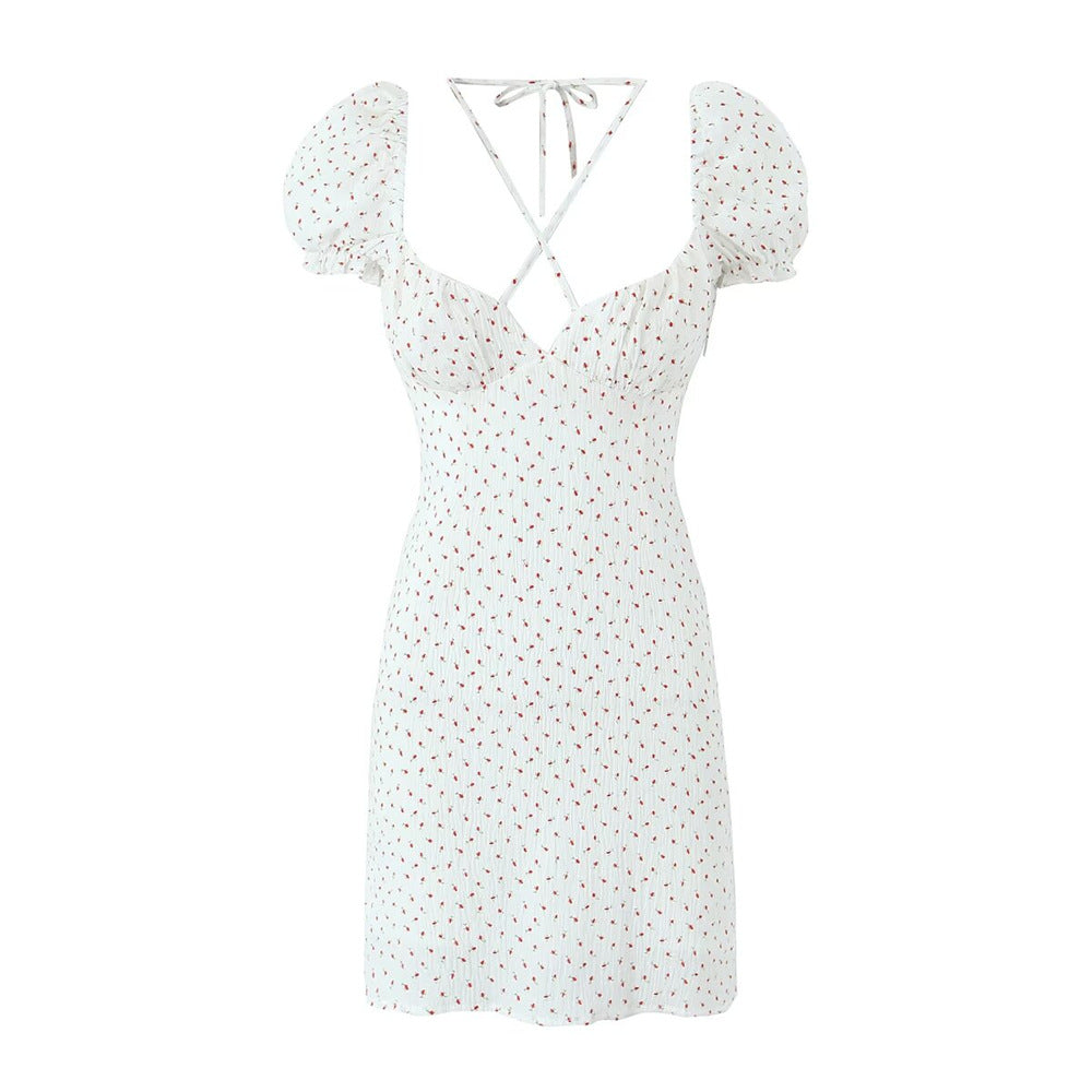 Aiertu Fashion Women's Fashion Spring New French Flower Bubble Sleeve Dress Pure Girl Tie Short Skirt Aiertu