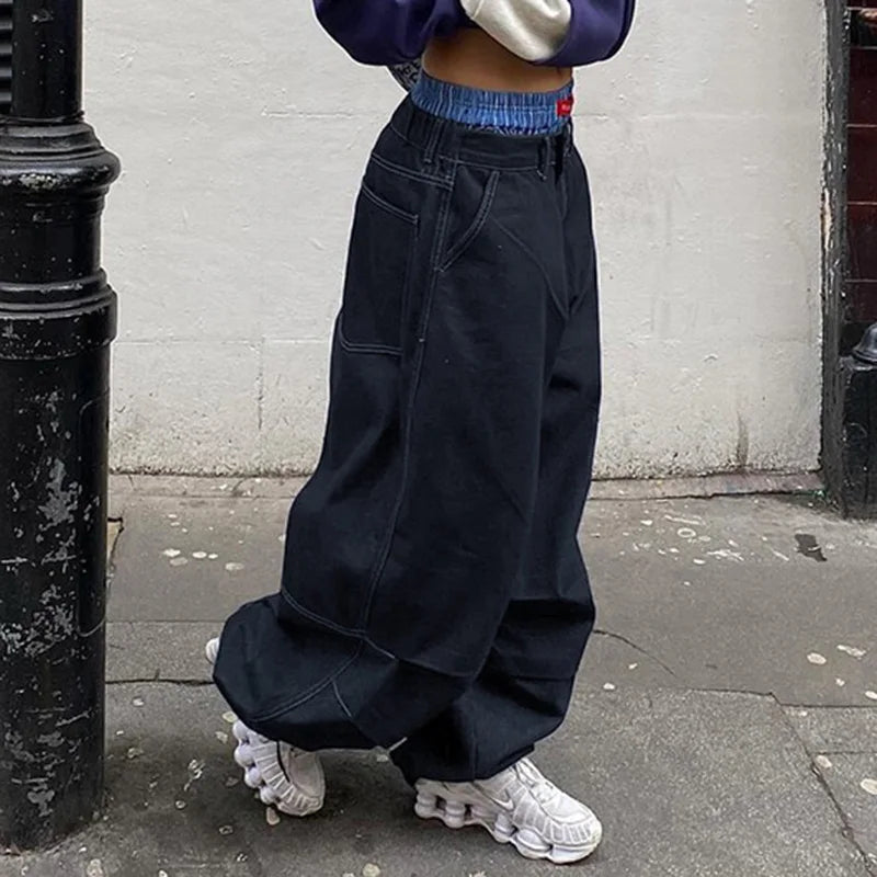 Aiertu  -  Harajuku Street Fashion Women Baggy Jeans Fold Detail Y2K Oversized Denim Pants Hip Hop Loose Sweatpants  Dark Blue Aiertu
