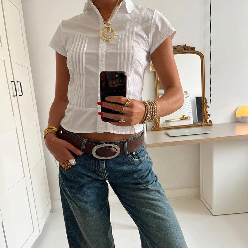 Aiertu  Turn-Down Collar Button-Up Corset Blouse Women's Casual Solid Tee Shirt Korean Short Sleeve Fashion Cute Top Aiertu
