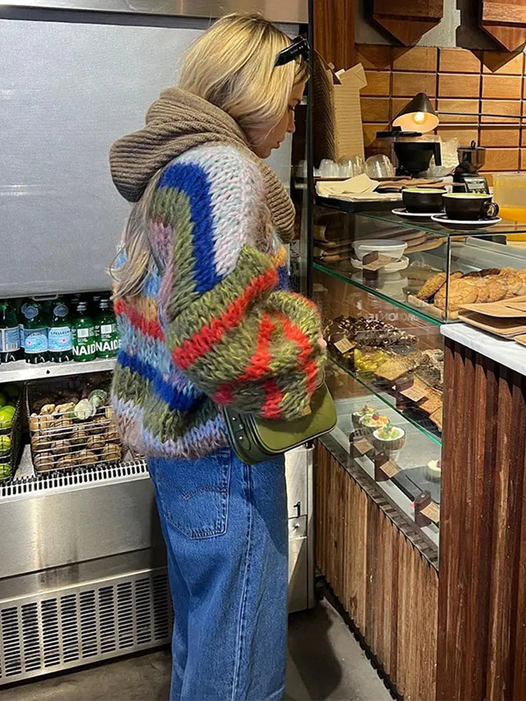 Aiertu  -  Casual Knitted Colorful Stripes Sweater Women Fashion O Neck Puff Long Sleeves Short Pullover Autumn Lady High Street Jumper Aiertu