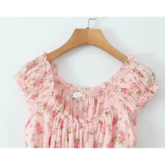 Aiertu  -  Sexy Off Shoulder Pink Floral Print Dress For Women Short Sleeve Elastic Waist Summer Mini Dresses Holiday Robe Aiertu