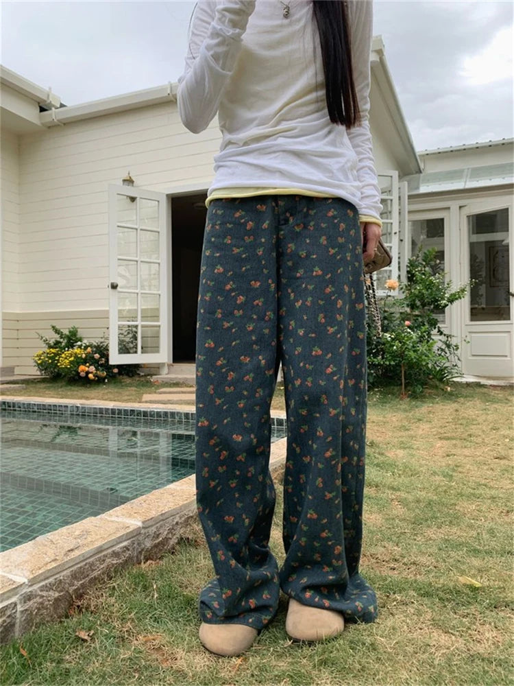 Aiertu  -  Women's Retro Floral Pattern High Waisted Wide Leg Jeans Summer Cool Girl Bottoms Thin Pants Female Printed Baggy Denim Trousers Aiertu
