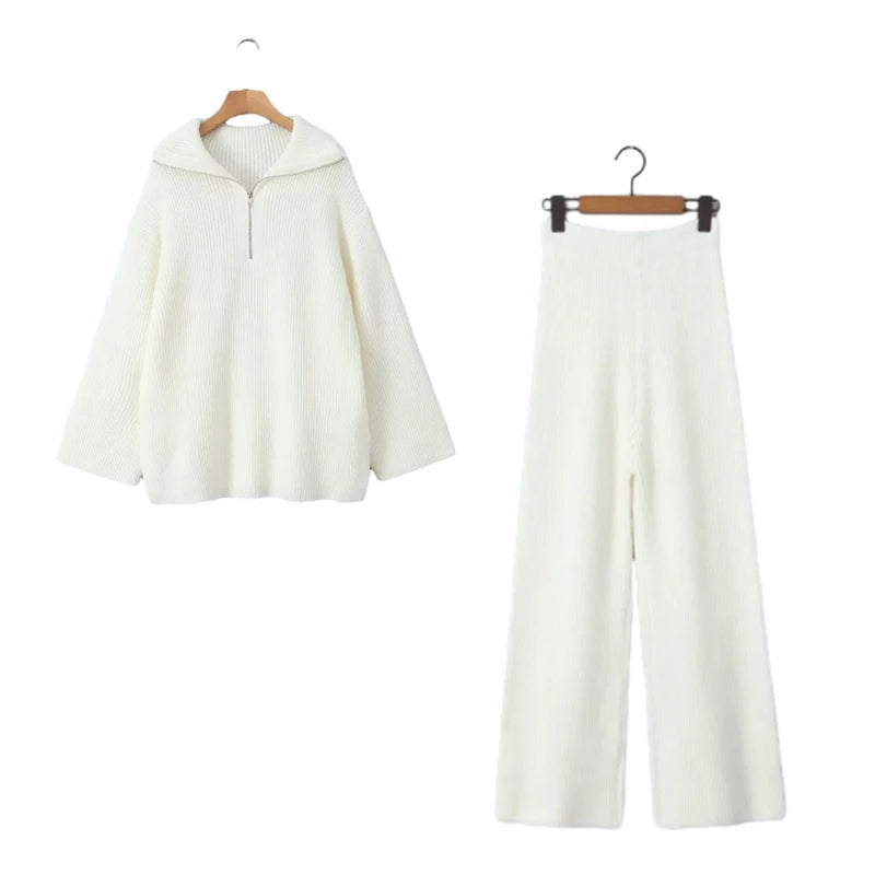 Aiertu  -  Grey Autumn Winter Knitted Sweater Pants Set 2 Pcs Outfits Thick Casual Wide Leg Pants Zip Pullover Female Loose Set Aiertu