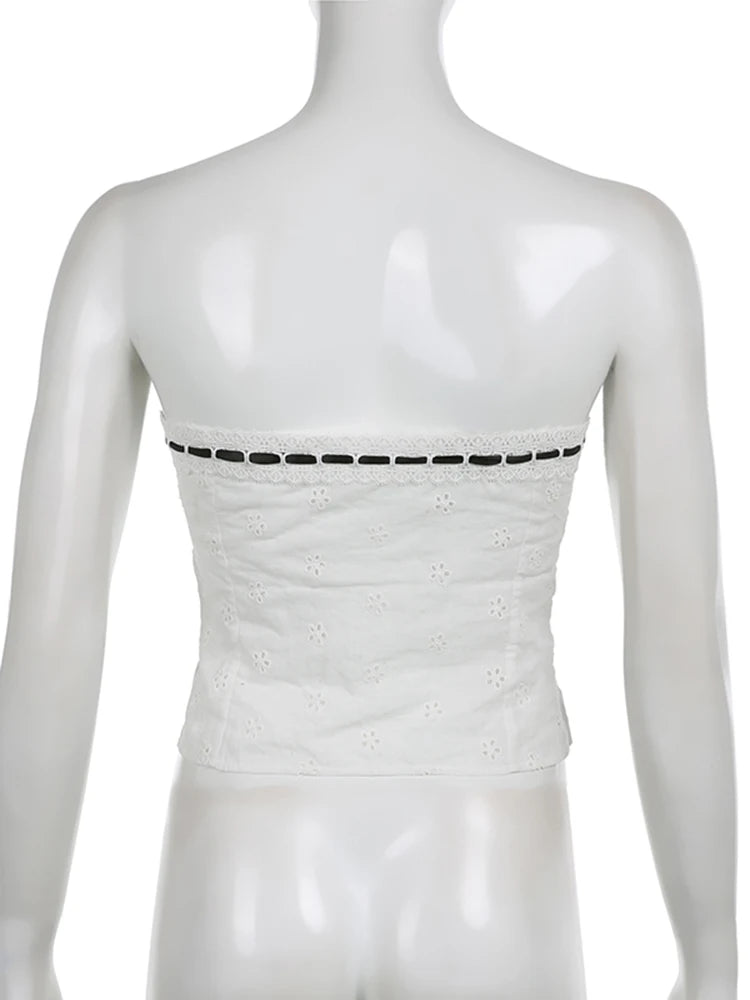 Aiertu  Sweet Bow Cropped Tube Tops Slim Lace Trim Slash Neck Sleeveless Tank Tops Women 2025 Summer Fashion Streetwear Ladies Aiertu