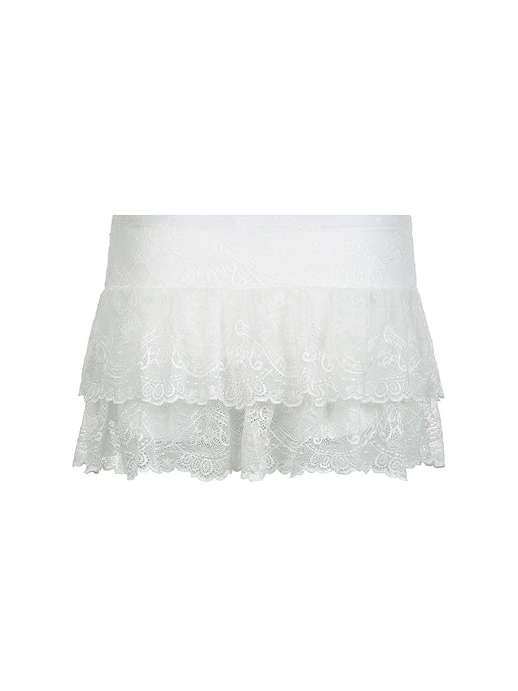Aiertu - summer inspo Black Solid Low Waist Tiered Lace Shorts Skirts Womens White Fairycore Micro Boho Skirt Aiertu