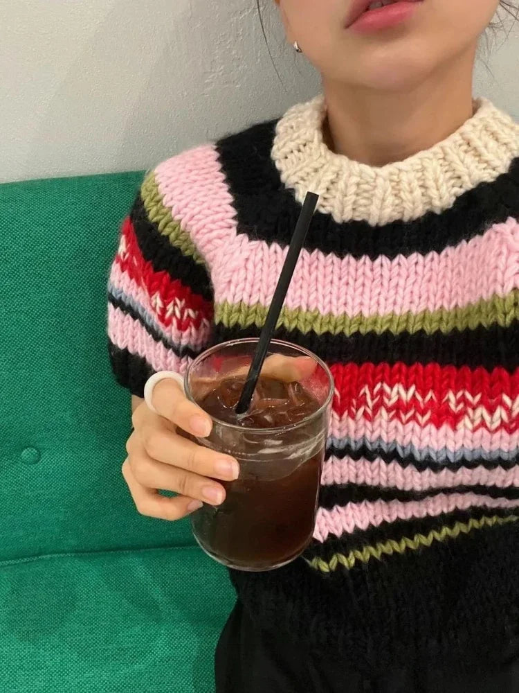 Aiertu  -  Multicolor Striped Handmade Jumper Sweet Rainbow Wool Blended Color Block Knit Tee Short Sweater Autumn/Winter Woman Knitwear Aiertu