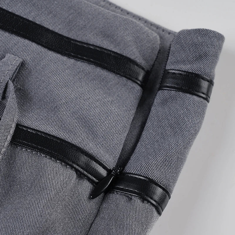 Aiertu  -  Ladies Casual Grey Flared Pants Chic Leather Striped Patchwork Low Rise Casual Pants Streetwear y2k Trouser Korean Style Aiertu