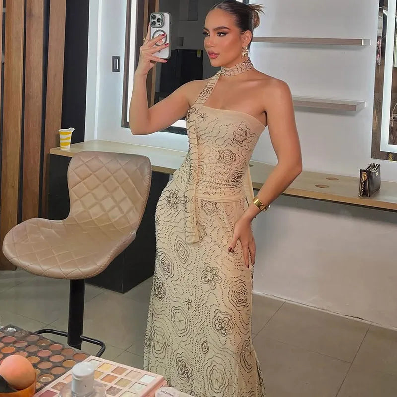 Aiertu  -  Scarf Ribbon Beaded Top Vest Half Skirt Women Set Halter Strap Slimming Sequin Strapless Blouse Wrap Hip Long Skirts Suit Gown Aiertu