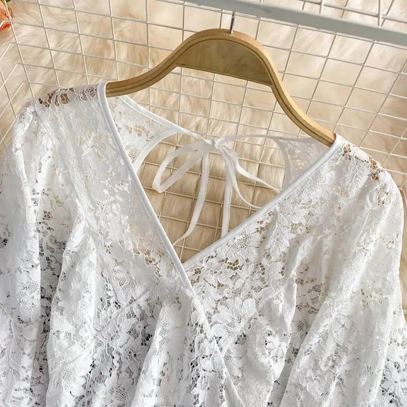 Spring Outfits Back To School Outfits Sexy Lace Hollow Out Blouse Women Summer V-Neck Puff Sleeve Backless Tops Casual Korean Slim Lace Up Solid White Crop Tops Aiertu