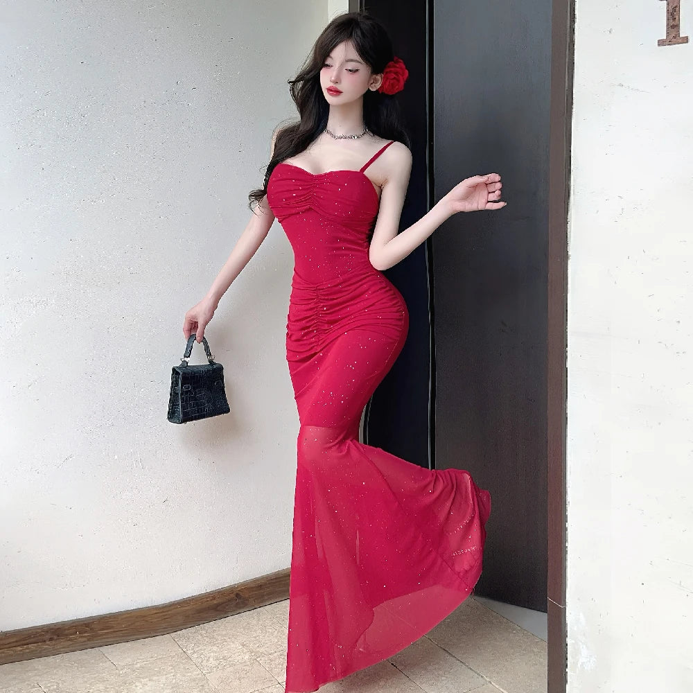 Aiertu  -   Sexy Shiny Mesh Suspender Evening Dresses Women 2025 Summer Temperament Slim Fit Waist Fishtail Party Long Dress Robe Aiertu