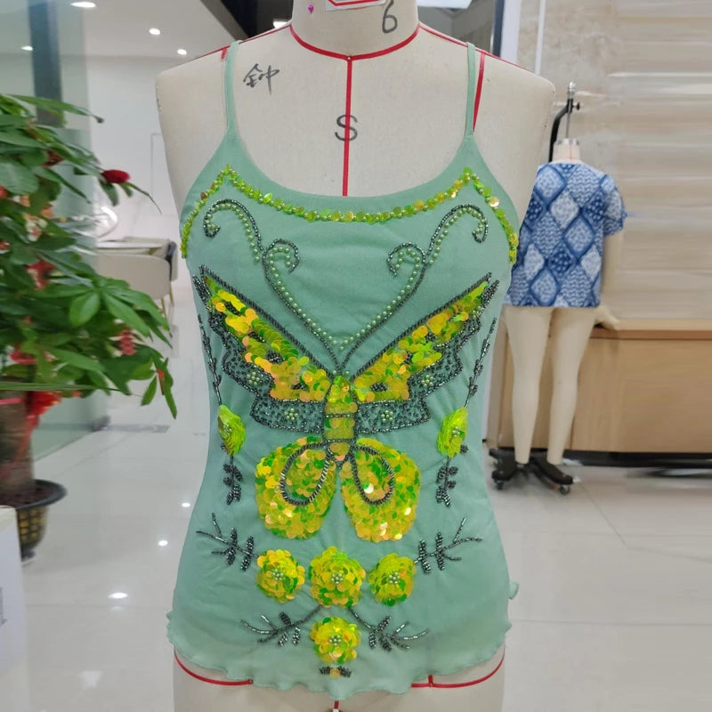 Aiertu  -  Y2k Women Sequin Tank Top Spathetti Strap Rhinestone Shirt Sparkle Glitter Butterfly Cami Crop Tops Going Out Streetwear Aiertu