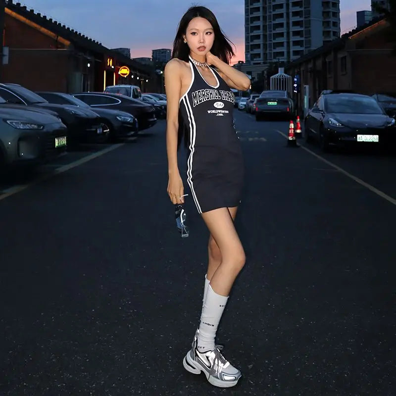 Aiertu  -   Hot Girl American Street Letter Printed Striped Halter V-neck Dresses Women's Summer Slimming Versatile Short Wrapped Hip Dress Aiertu