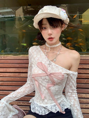 Aiertu  -  Flowy Ruffle Hem Long Sleeve T-shirt Women White Floral Lace Ribbon Off Shoulder Asymmetrical Top Fall Female Clothing Aiertu