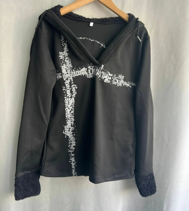 Aiertu  -  Y2k Aesthetic Fur Patchwork Long Sleeve T-shirt Women Gothic Punk Hooded Drawstring Tshirts Grunge Print Slim Fit Vintage Tees Aiertu