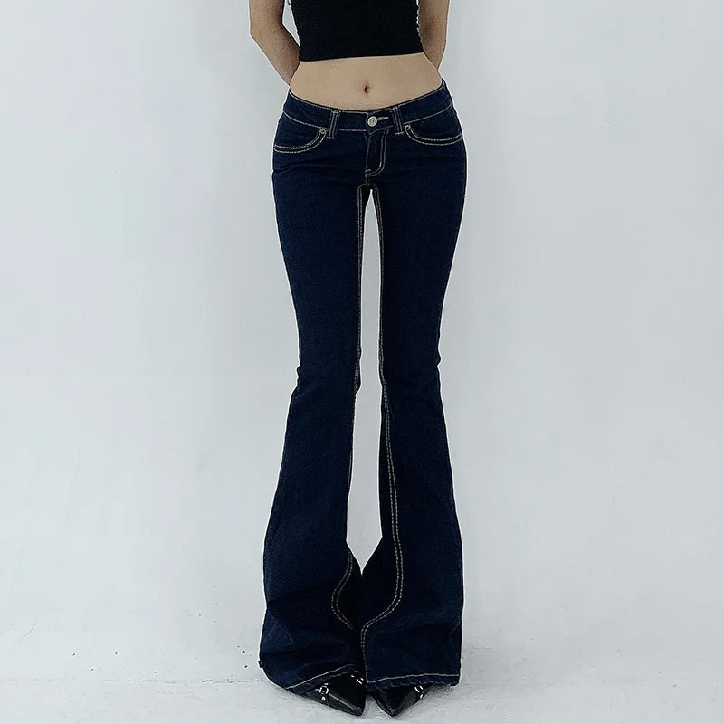 Aiertu  -  Vintage Dark Blue Y2K Flare Jeans Women Low Rise Skinny Denim Trousers Fashion Basic Boot Cut Pants Retro High Street Aiertu