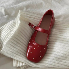 Aiertu  -   Square Toe Red Rivet Mary Jane Shoes Women Elegant Spring Autumn Flats Shoes Ladies Shallow Casual Black Loafers Footwear 2025 Aiertu