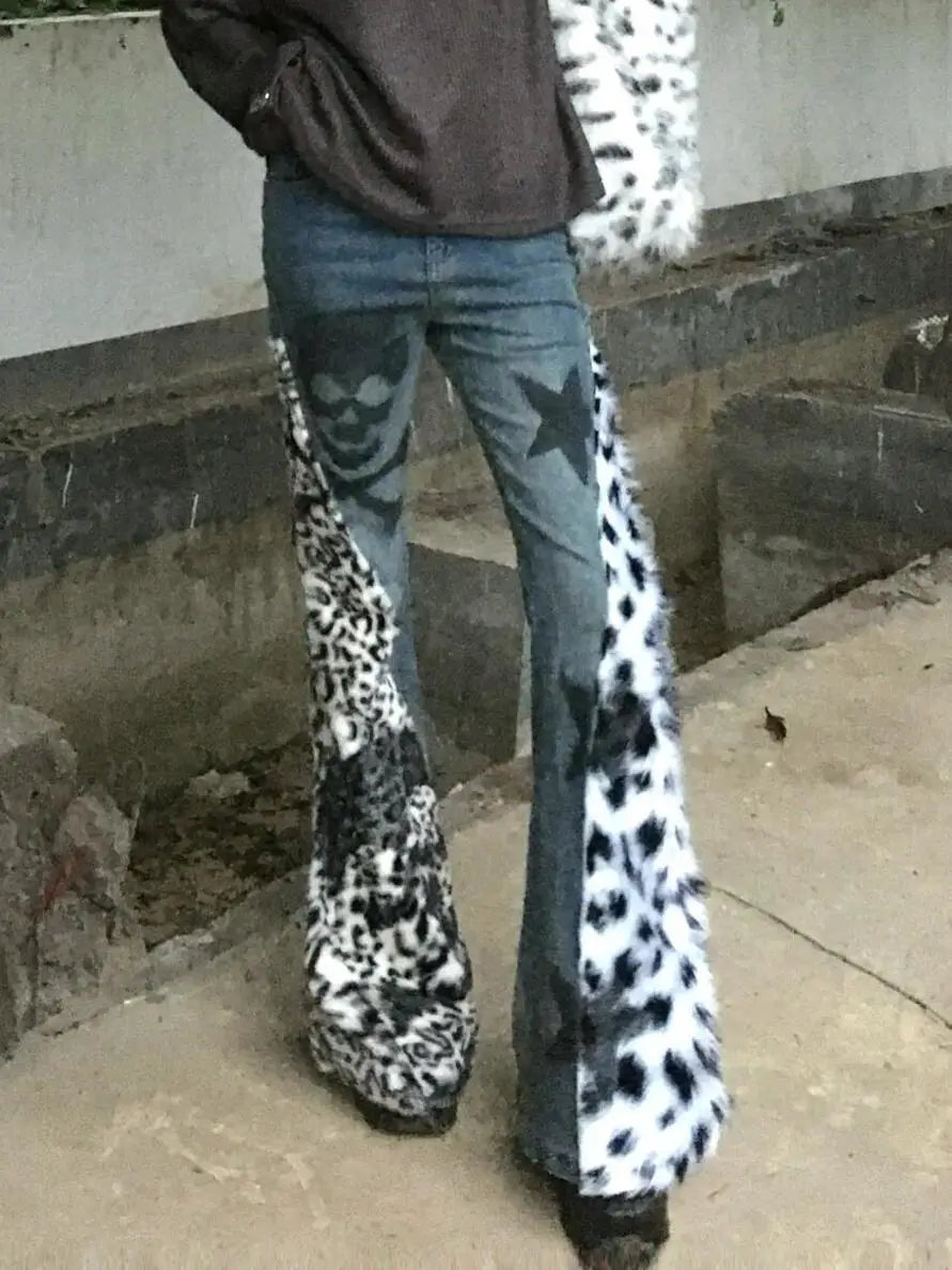 Aiertu  -  High Street Retro Large Size Washed Skull Leopard Print Straight Jeans y2k Winter New Style Hot Girl Slim Low Waist Flare Pants Aiertu