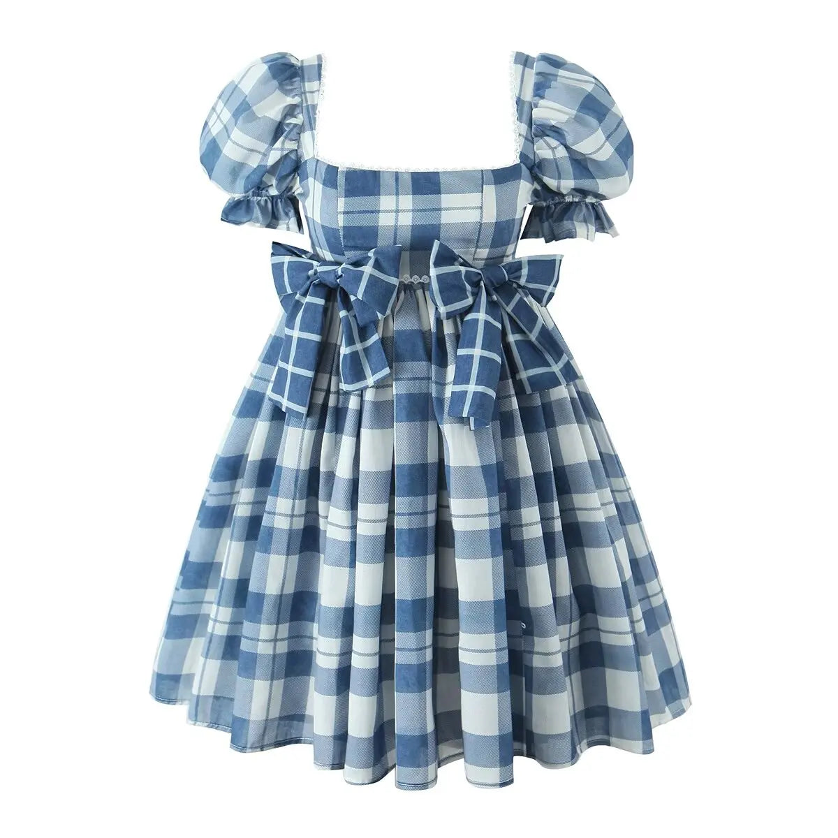 Aiertu  -  Women Bow Plaid  Ball Gown Mini Dress Vintage Puff Sleeve Square Neck Elegant Summer Dresses Party Robe Aiertu
