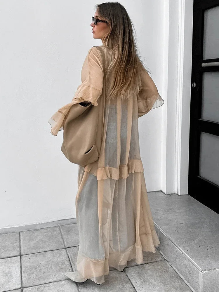 Aiertu  -  Fashion Oversized Cover Up Dress Women 2025 V Neck Loose Streetwear Casual Long Sleeve Maxi Dress Femme Ruffle Dresses Aiertu