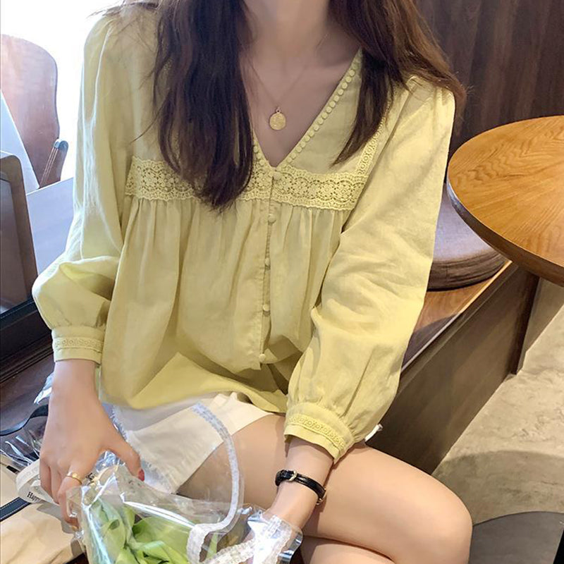 Aiertu Vintage Sweet Lace Shirts Women Korean Cute V Neck Long Sleeve Loose Blouses Summer Streetwear Boho Beach Casual Tops New Aiertu
