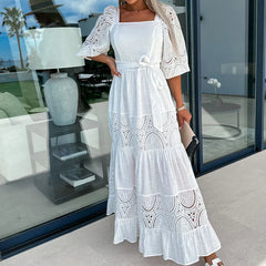 Aiertu  -  Elegant Retro White Lace Jacquard Women Dress Office Ladies Temperament Off Shoulder Maxi Dresses 2026Long Evening Party Dress Aiertu
