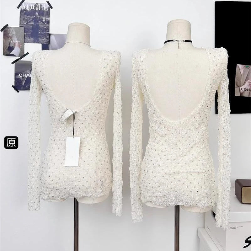 Aiertu  -  Y2k Aesthetic Sexy U Neck Backless Women Shirt 2025 White Diamond Streetwear Vintage Blouse Harajuku Fairy Bodycon Grunge Blusas Aiertu