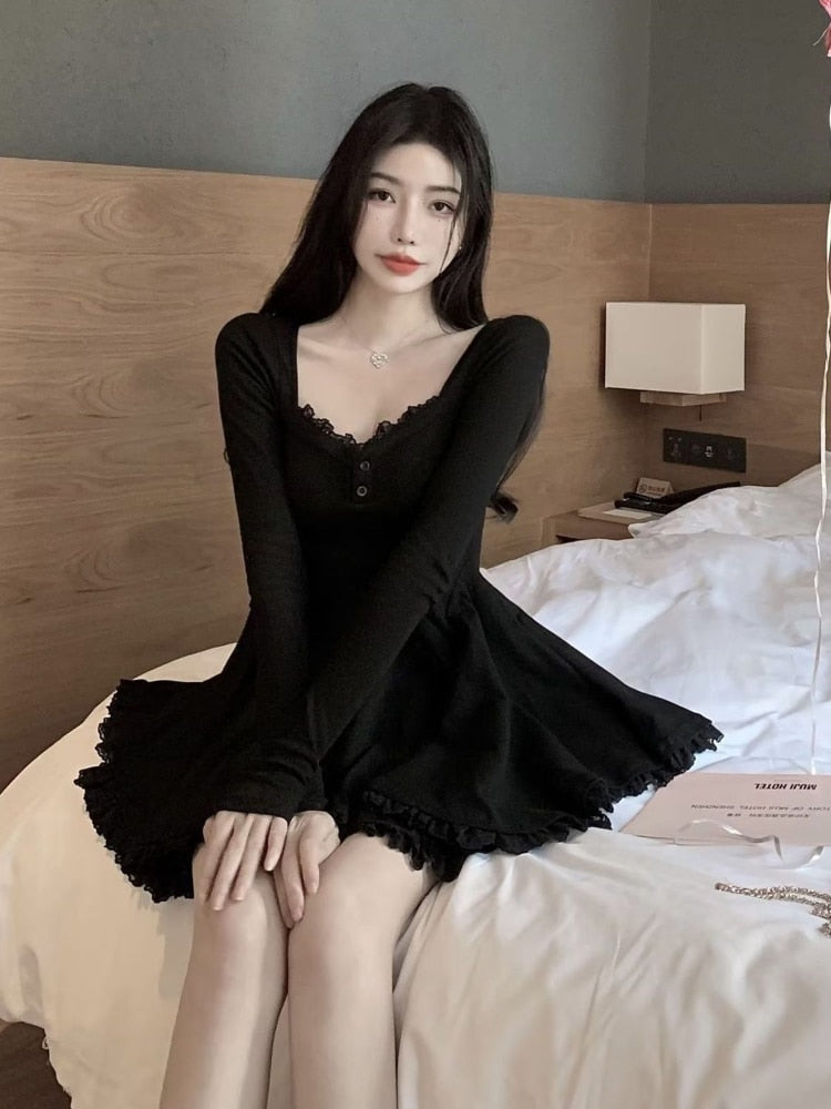 Aiertu Sexy Black Lace Dress Women  Bodycon Wrap Slim Party Mini Short Dresses Evening Fashion Long Sleeve Outfits Aiertu