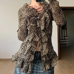 Aiertu  -  Y2k Aesthetic Women Sexy Blouse Leopard Sexy Single Breasted Slim Fit Grunge Shirt Harajuku Ruffled See Through Streetwear Blusa Aiertu