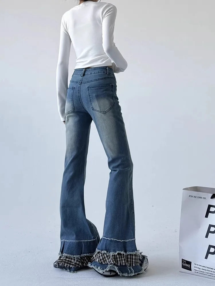 Aiertu  -  2000s Distressed Bootcut Cake Pants Women Vintage Patchwork Plaid Whiskers High Waist Flare Jeans Kawaii Bell Bottoms Aiertu