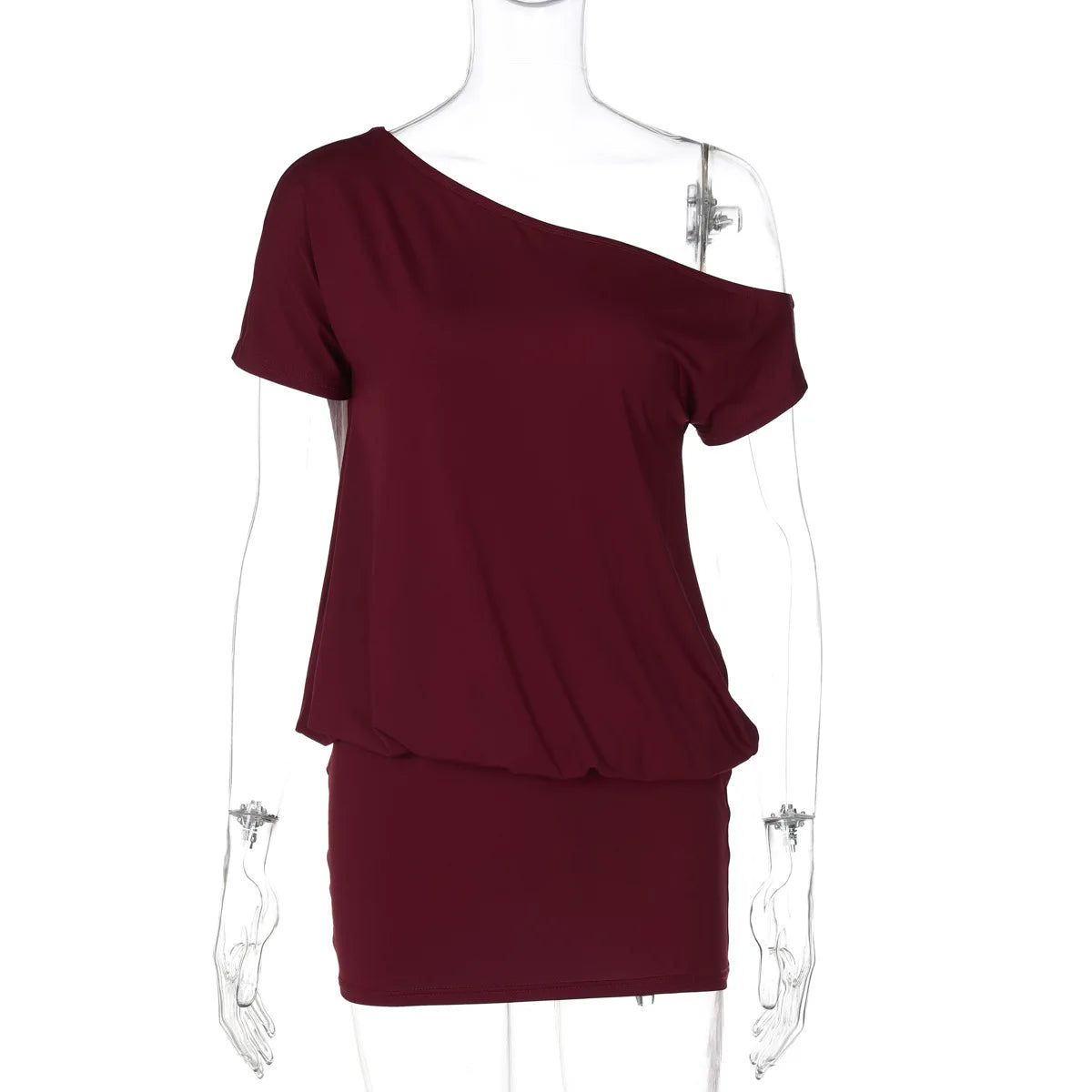 Aiertu  -  Fashion One Shoulder Diagonal Collar Asymmetrical Short Dress Women's 2026 Summer Short Sleeve Package Hip Mini T-shirt Dresses Aiertu