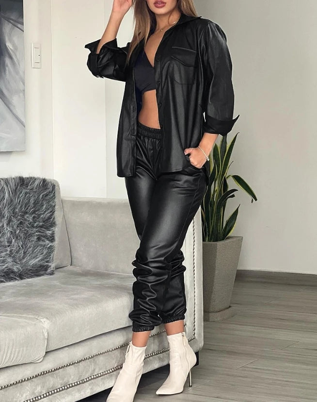 Aiertu Women's Fashion Pocket Design PU Leather Long Sleeve Shirt & Cuffed Pants Set Temperament Commuter Female Casual Sweatpants Sets Aiertu