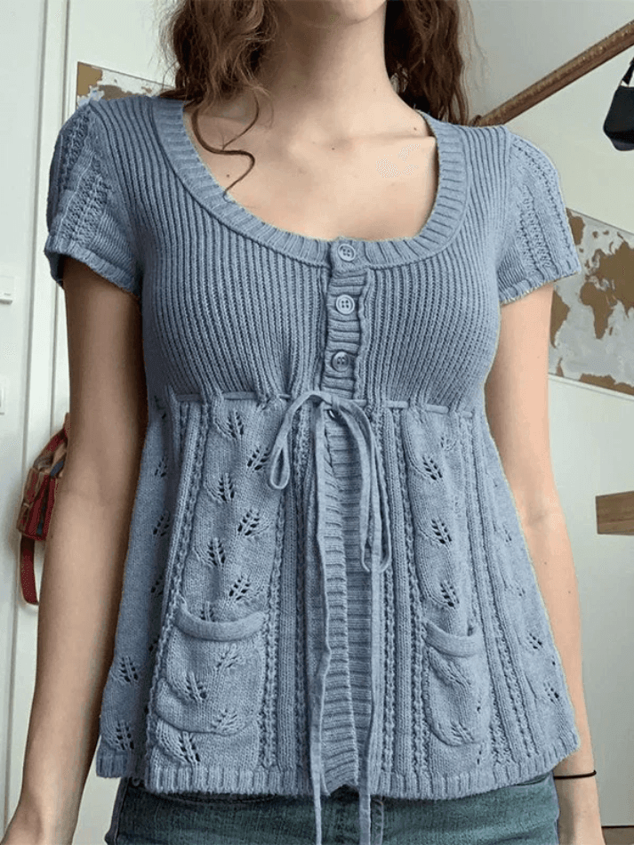 Aiertu  -Buttoned Slit Tie Front Knit Top aiertu