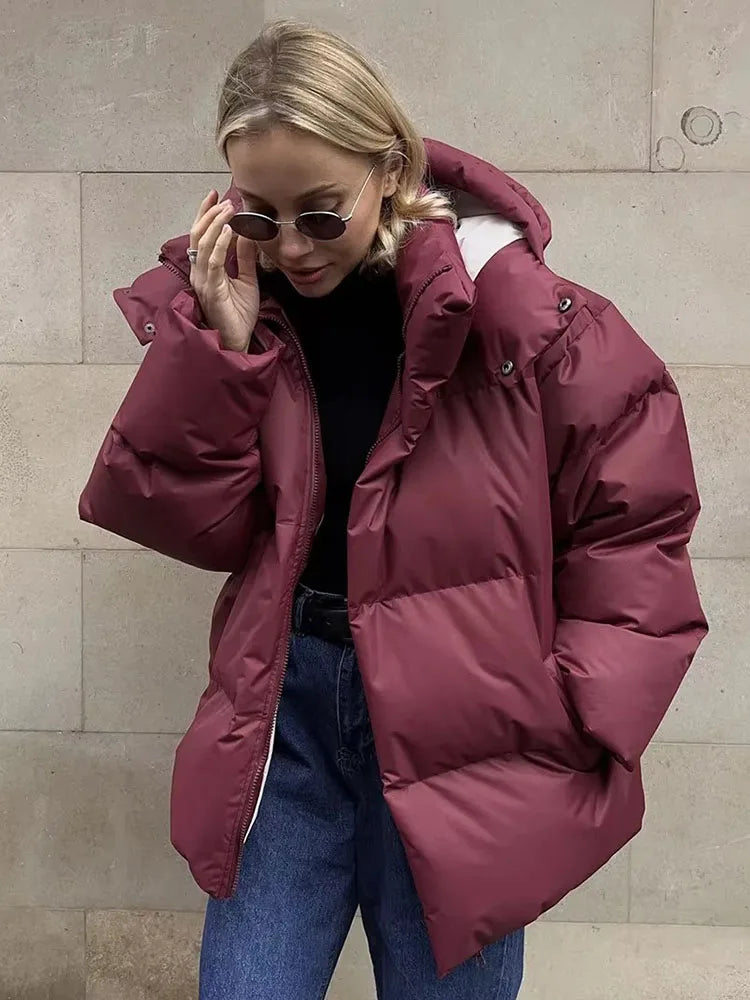 Aiertu  -  Female Cotton Jacket Solid Hooded Zipper Cotton Jacket 2026 Autumn Winter New Lady Loose Long Sleeve High Street Outwear Aiertu