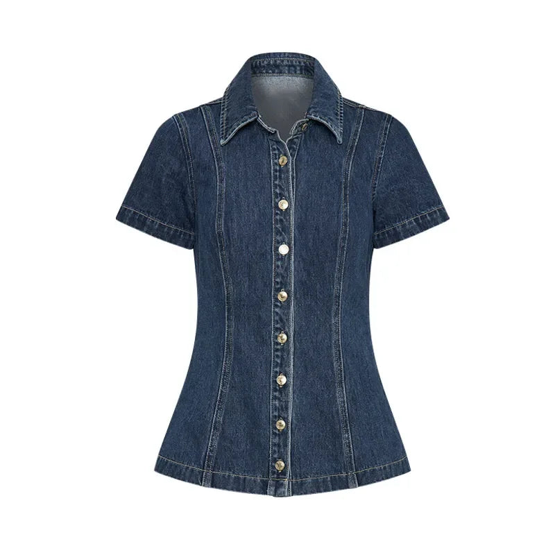 Aiertu  -  Solid Denim Women Skirt Suits Turn-down Collar Single Breasted Top High Waist Mini Skirts 2025 Summer New Fashion Female Sets Aiertu