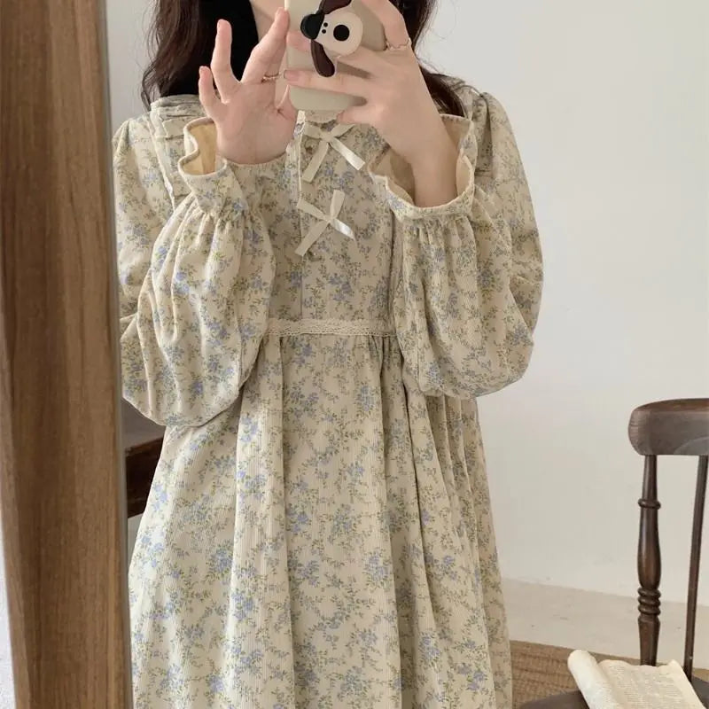Aiertu Long Sleeve Nightgowns Women Floral Bow Temper Autumn Home Cozy Aesthetic O-neck Prairie Chic All-match Sleepwear Korean Style Aiertu