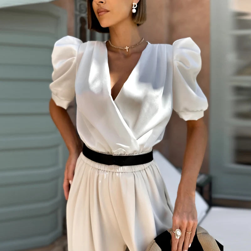 Aiertu  -  Women Elegant Deep V-neck Satin Blouse 2026 Casual Bubble Short Sleeve Solid Pullover Tops Summer Fashion Draped Commute Shirts Aiertu