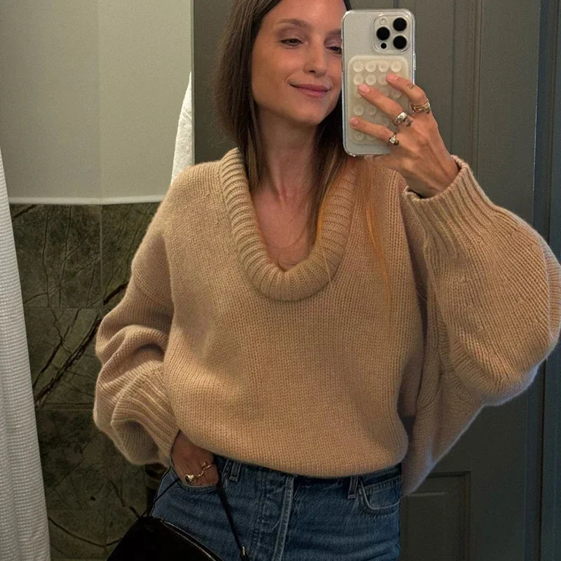Aiertu  -  Fashion Casual Round Knit Sweater For Women Solid Color Loose Autumn 2026 New Pullovers Long Sleeve Female Knitted Top Aiertu