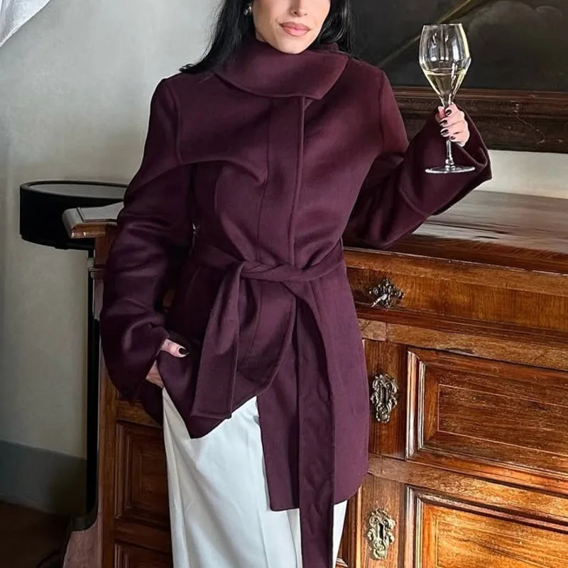 Aiertu  -  Elegant Burgundy Belt Stand Collar Jacket Women Fashion Long Sleeve Button Wool Blend Coats Chic High Street Lady Long Outwears Aiertu