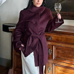 Aiertu  -  Elegant Burgundy Belt Stand Collar Jacket Women Fashion Long Sleeve Button Wool Blend Coats Chic High Street Lady Long Outwears Aiertu
