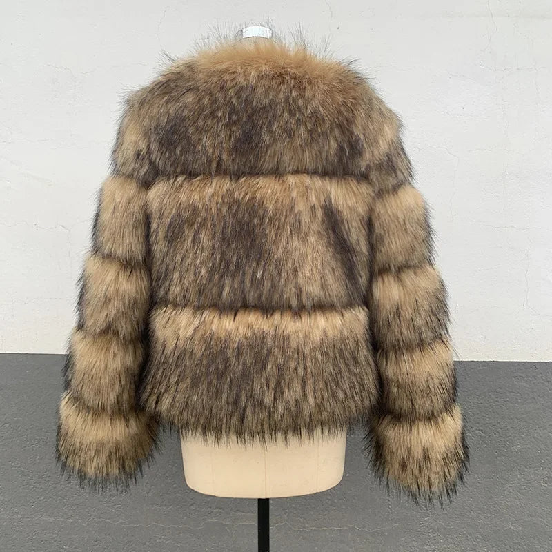 Aiertu  -  Women Fashion Faux Raccoon Fur Coat Luxury Short Furry Fur Top Jacket Women Winter Plush Fluffy Jacket Thick Fur Coats for Women Aiertu