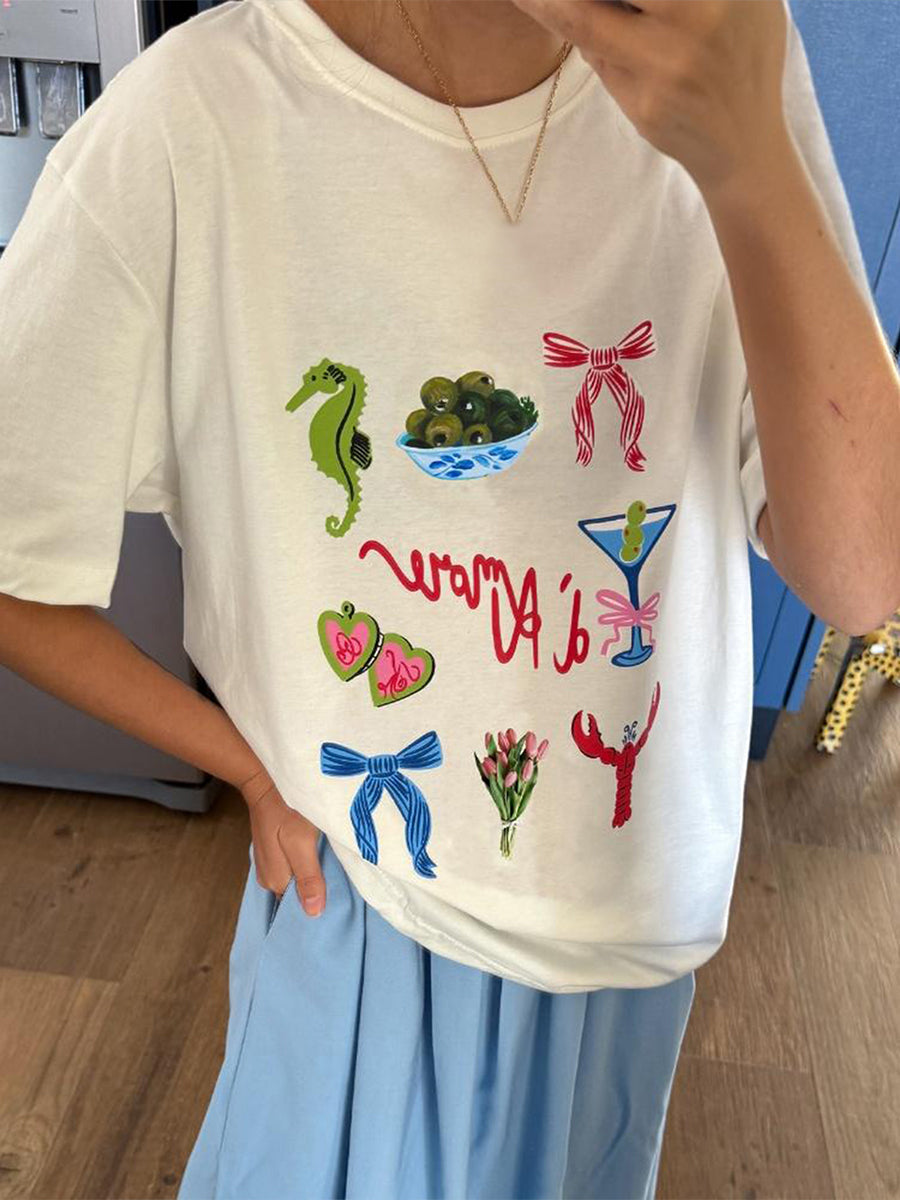 Aiertu  -  Women Y2k Graphic Short Sleeve T-Shirts Bow/Dessert/Lemon Print Aesthetic Oversized Shirts Summer O Neck Loose Tops Streetwear Aiertu