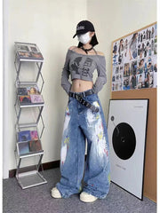 Aiertu  -  Women's Personalized Graffiti Tie Dye Design Jeans Young Girl Denim Trousers Vintage Street Bottoms Female High Waisted Pants Aiertu