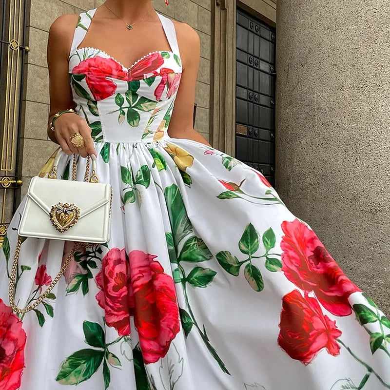 Aiertu  -  Maxi Dress Women's Summer Elegant Floral Print Halter Sleeveless Nipped Waist Pleated Party Holiday Dresses Streetwear Aiertu