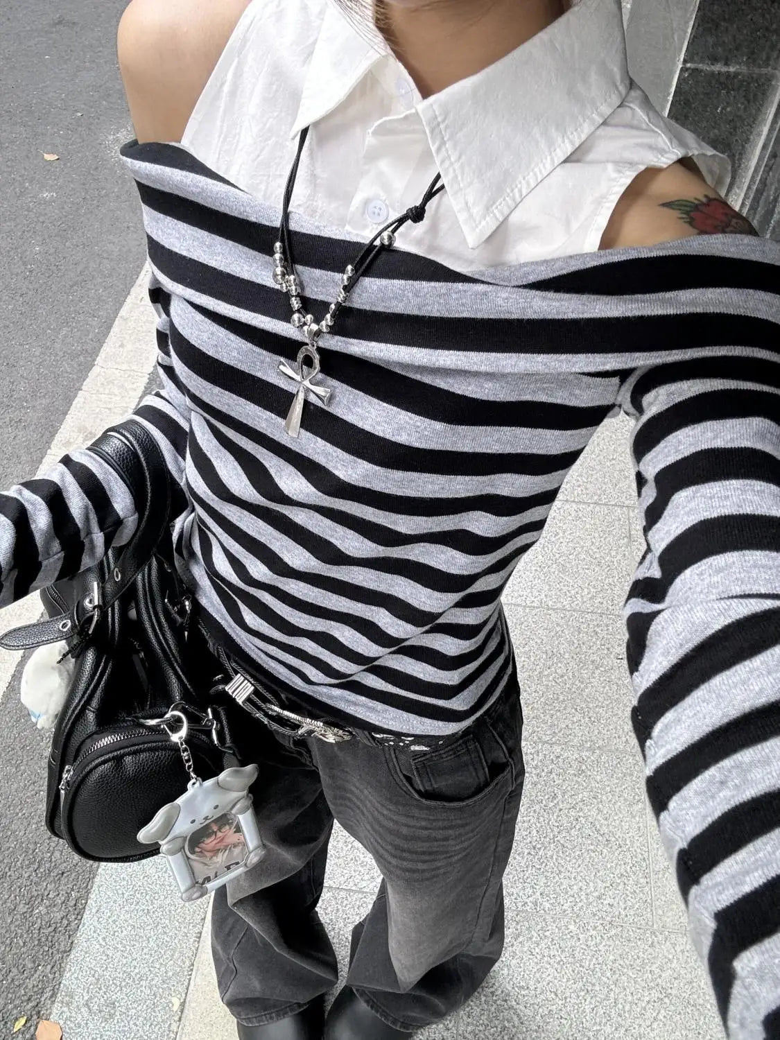 Aiertu  -  Japanese Spring Autumn High Street Spliced Design  Tops Y2k Aesthetic Harajuku Punk Constrast Color Striped Shirts Girl Clothes Aiertu