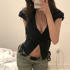 Aiertu summer inspo Chic Bandage Crop Top Y2k Vintage Grunge Black T-Shirts Women Button Slim Croset Aesthetic Punk Style Gothic Bustiers Aiertu