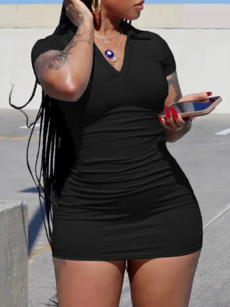 Aiertu Plus Size Basic Solid Color Bodycon Dress Women Spring Summer Short Sleeve Turndown Collar V Neck Casual Daily Mini Dresses Aiertu