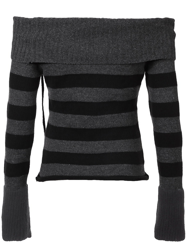 Aiertu - summer inspo Off Shoulder Slim Knitted Stripe Jumper Women Lace-Up Slash Neck Long Sleeve Sweater Tee Korean Fashion Street Knittwear Aiertu