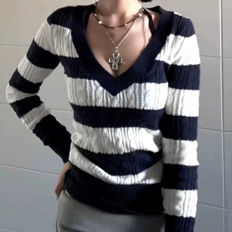 Aiertu  -  High End Blue Whiter Constrast Color Striped V Neck Sweaters Office Lady Harajuku Lazy Base Streetwear Pullovers Women Clothes Aiertu