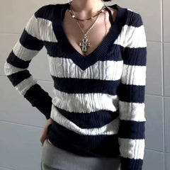 Aiertu  -  High End Blue Whiter Constrast Color Striped V Neck Sweaters Office Lady Harajuku Lazy Base Streetwear Pullovers Women Clothes Aiertu